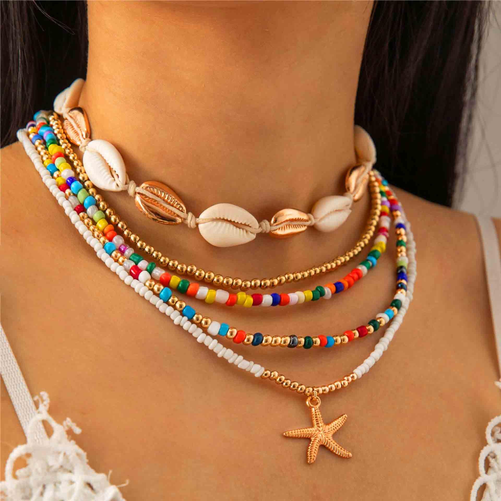 Naszyjnik w stylu boho, kolorowe muszle, koraliki warstwowe, naszyjnik, plaża, rozgwiazda, biżuteria damska, metal, metal, Metal