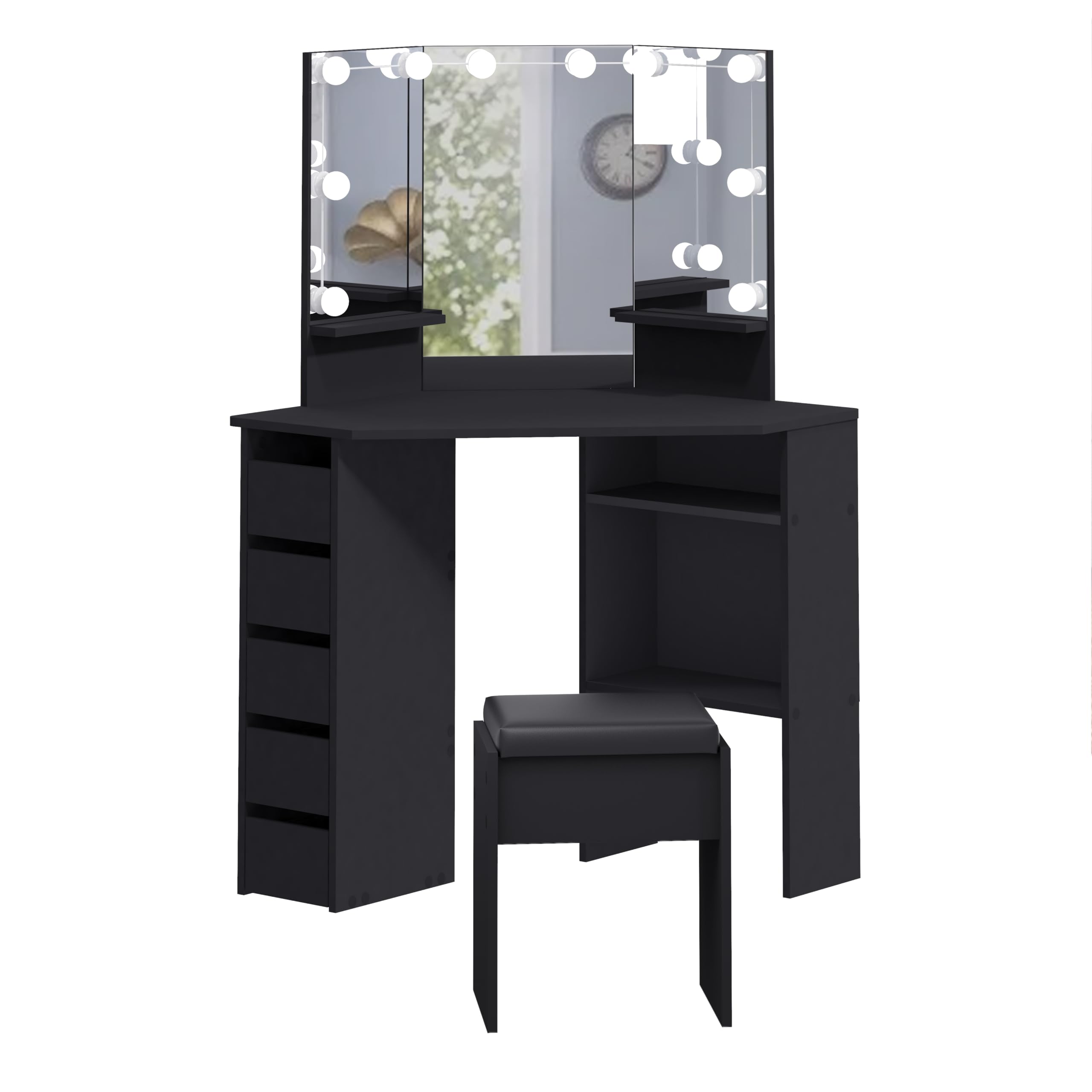 Panana Corner Dressing Table with LED Light, Vanity Table with 5 Drawers and Stool, Makeup Table for Home Furnature (Black-bulb)