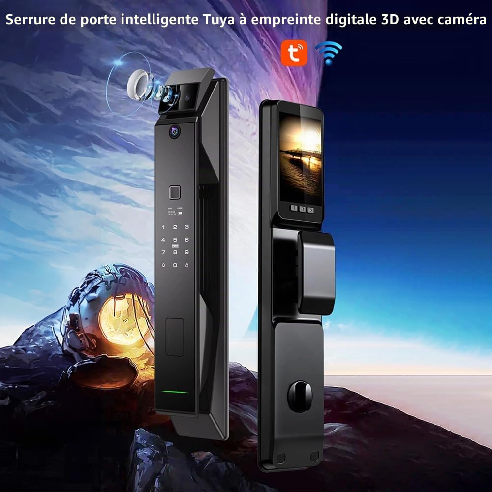 Matybobe Serrure à empreinte digitale intelligente avec caméra HD, serrure de porte biométrique avec reconnaissance faciale intelligente et poignée, 6 modes de déverrouillage, pour portes de 40–120 mm