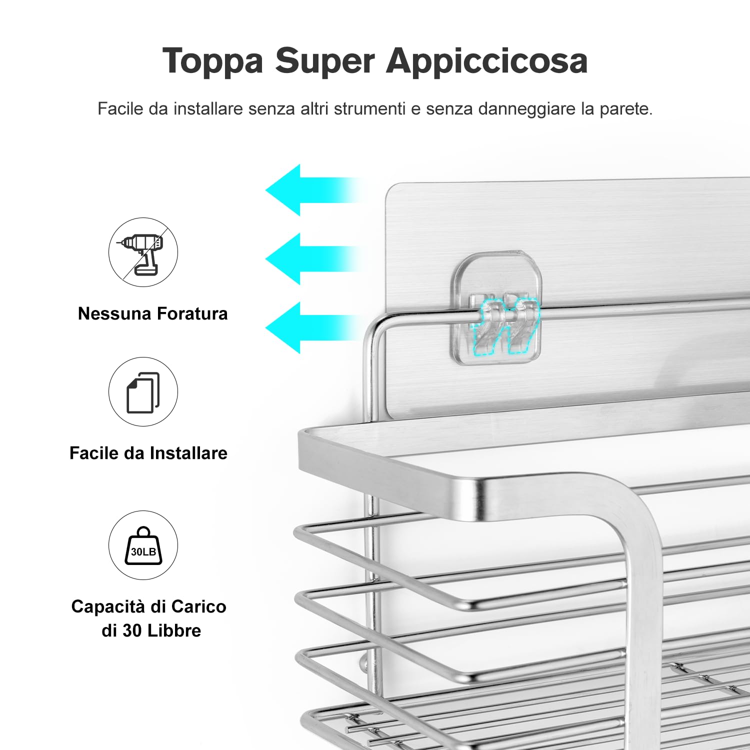 Carehabi Mensola Doccia Senza Foratura 2 Pezzi Organizer Bagno in Acciaio Inox SUS304 con 4 Ganci Mensola Senza Foratura Oggetti Bagno per Shampoo per Bagno e Cucina