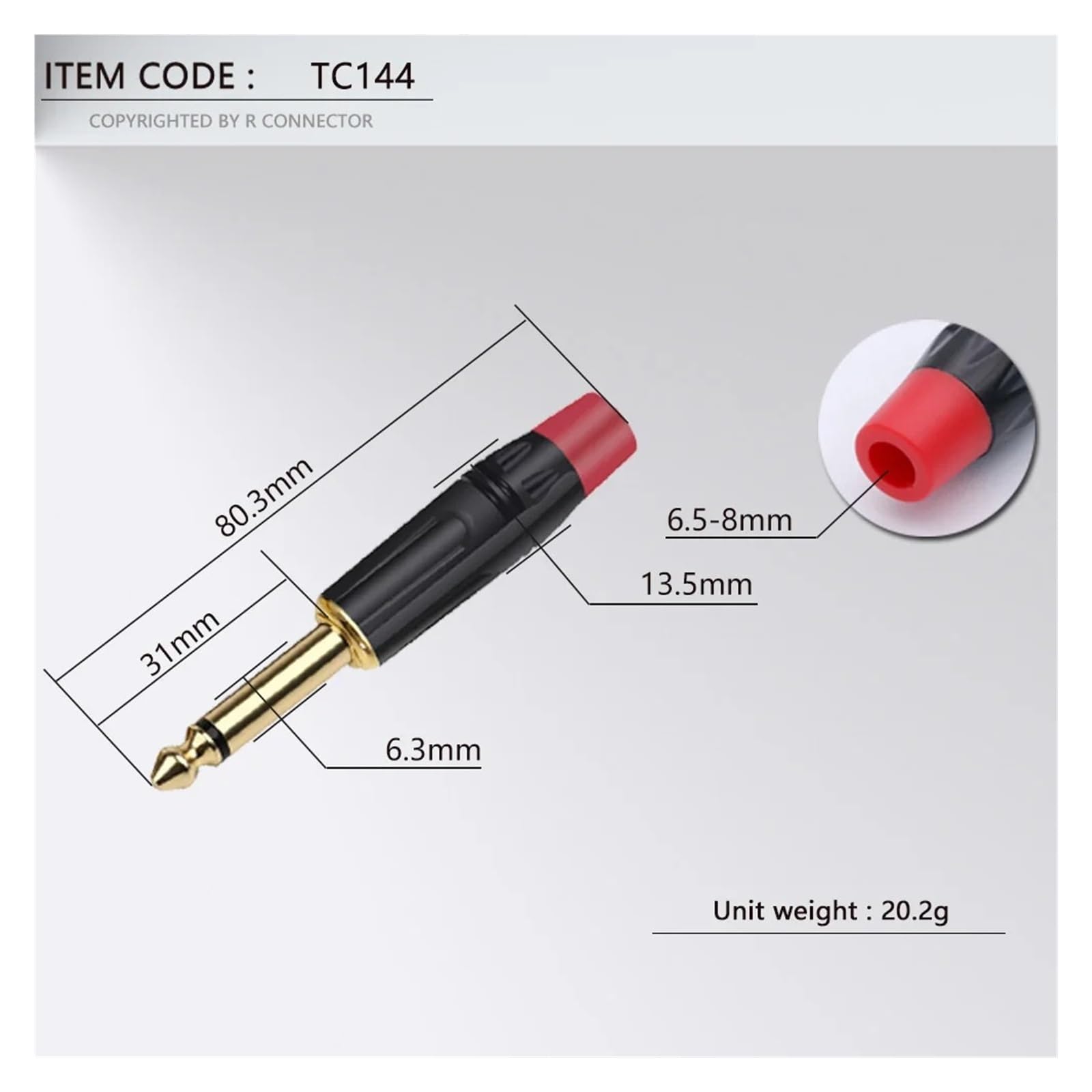 100 conectores jack de 6,35 mm, conector macho mono de 6,3 mm, de latón chapado en oro, de 1/4 de pulgada for micrófono.(Black Tail)