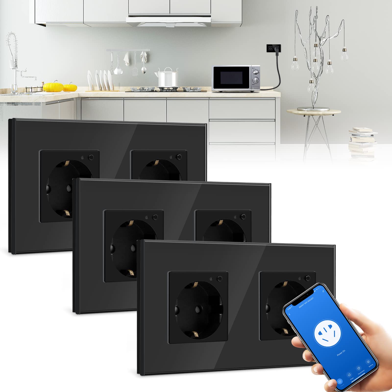 BSEED BSEED Enchufe Doble de Pared WiFi,Schuko Enchufe inteligente Compatible con Alexa y Google Home,Control de APP y Función de Temporizador,protección de contacto,16A Negro-3 Paquete