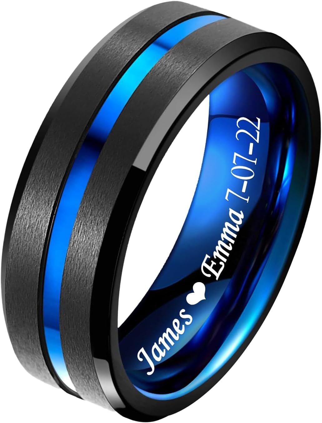 Personalized Tungsten Ring for Men 8mm Custom Engraved Black/Silver/Blue Grooved Wedding Band Promise Ring for him and her Comfort Fit Size 4-17