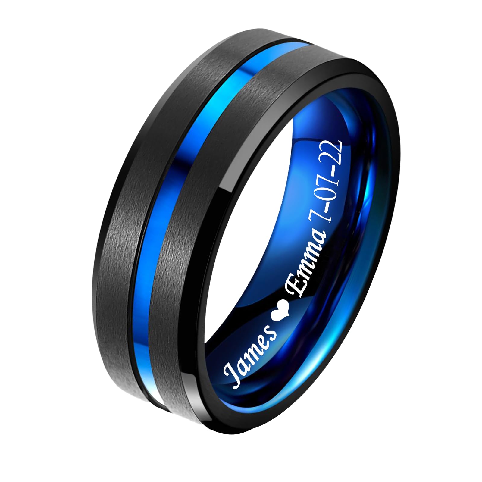 Corato Personalized Tungsten Ring for Men 8mm Custom Engraved Black/Silver/Blue Grooved Wedding Band Promise Ring for him and her Comfort Fit Size 4-