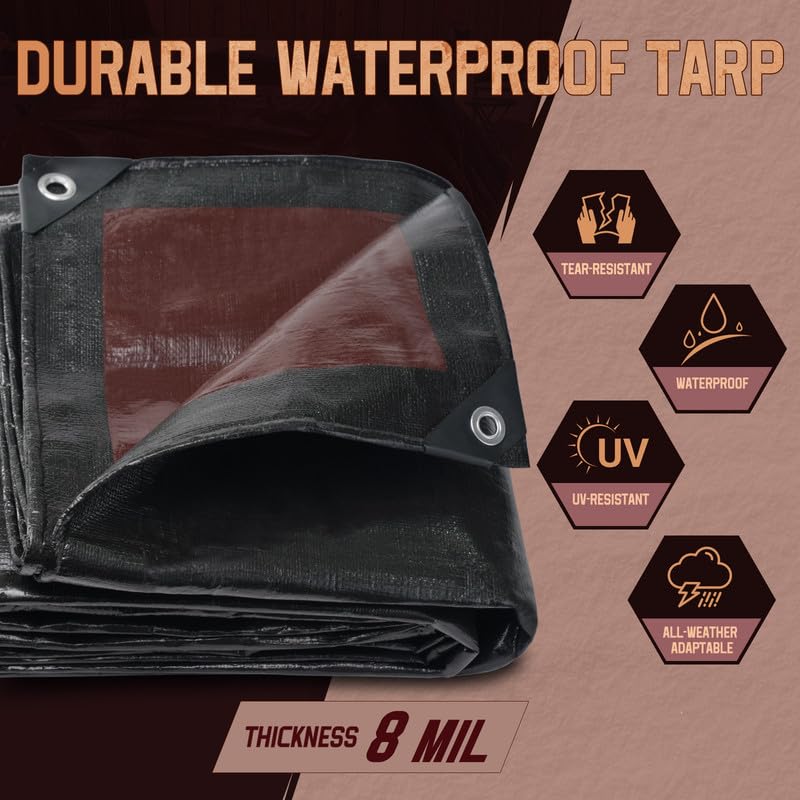 Image of 30x40 FT Tarp Waterproof 8 Mil Poly Tarps Medium Duty Waterproof, UV Resistant & Rip Tear Resistant, Multipurpose Protective Cover with Grommets Reversible for Home Boats Cars Plants