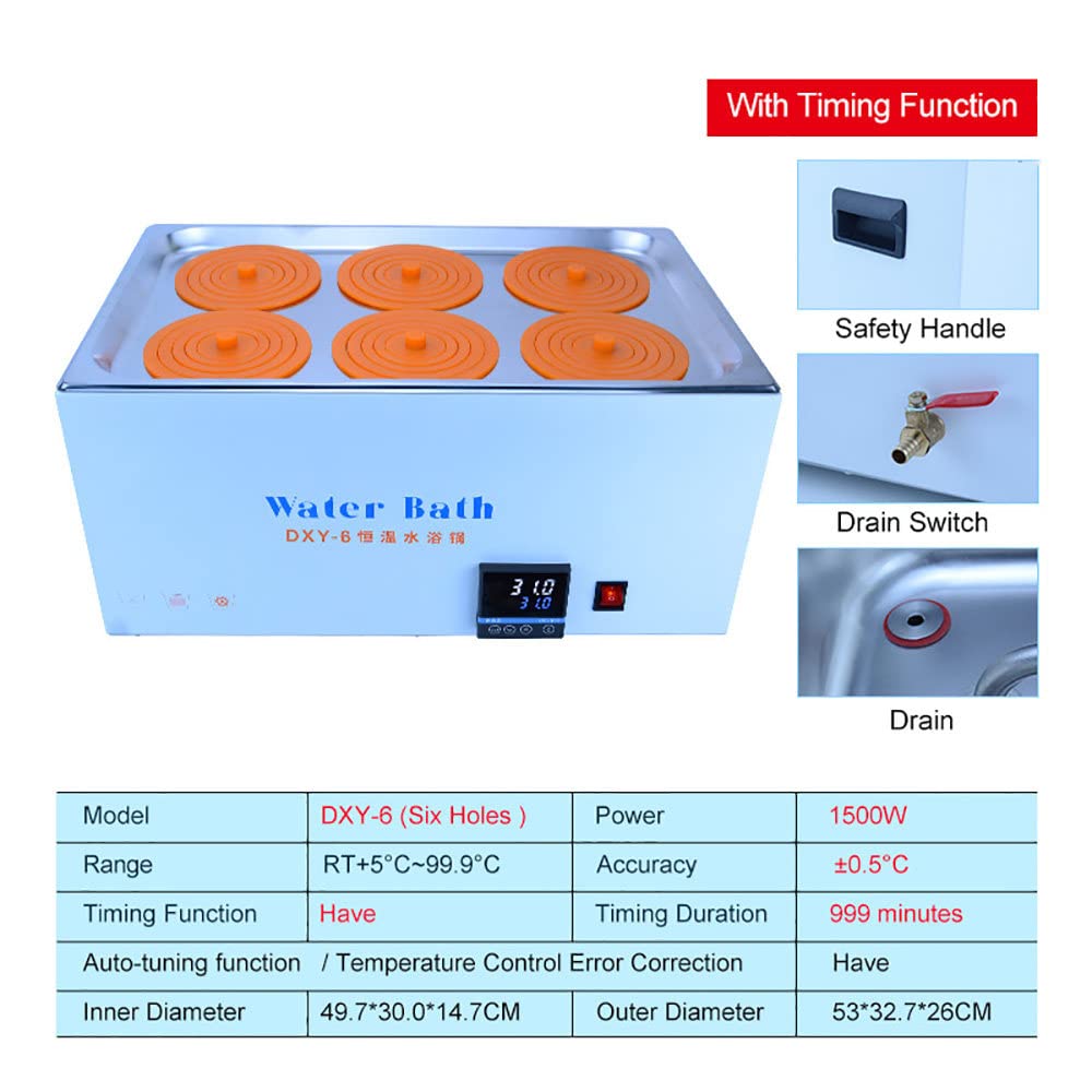 BañO De Agua De Laboratorio, BañO María TermostáTico Digital De 2/4/6 Orificios, RT 5 °C ~ 99,9 °C | Temporizador De 0~999 Minutos | Función AutomáTica De Quemado Antiseco.,6Holes