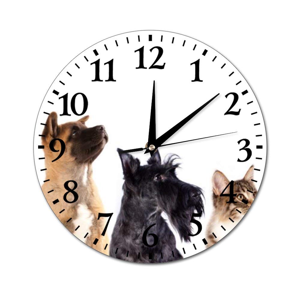 Mesllings Wall Clocks Dogs and Cats Stands On Line Round Glass Wall Clock, Wall Decor Clocks for Kitchen, Office, Retro Hanging Clock, Home Decor Accessories