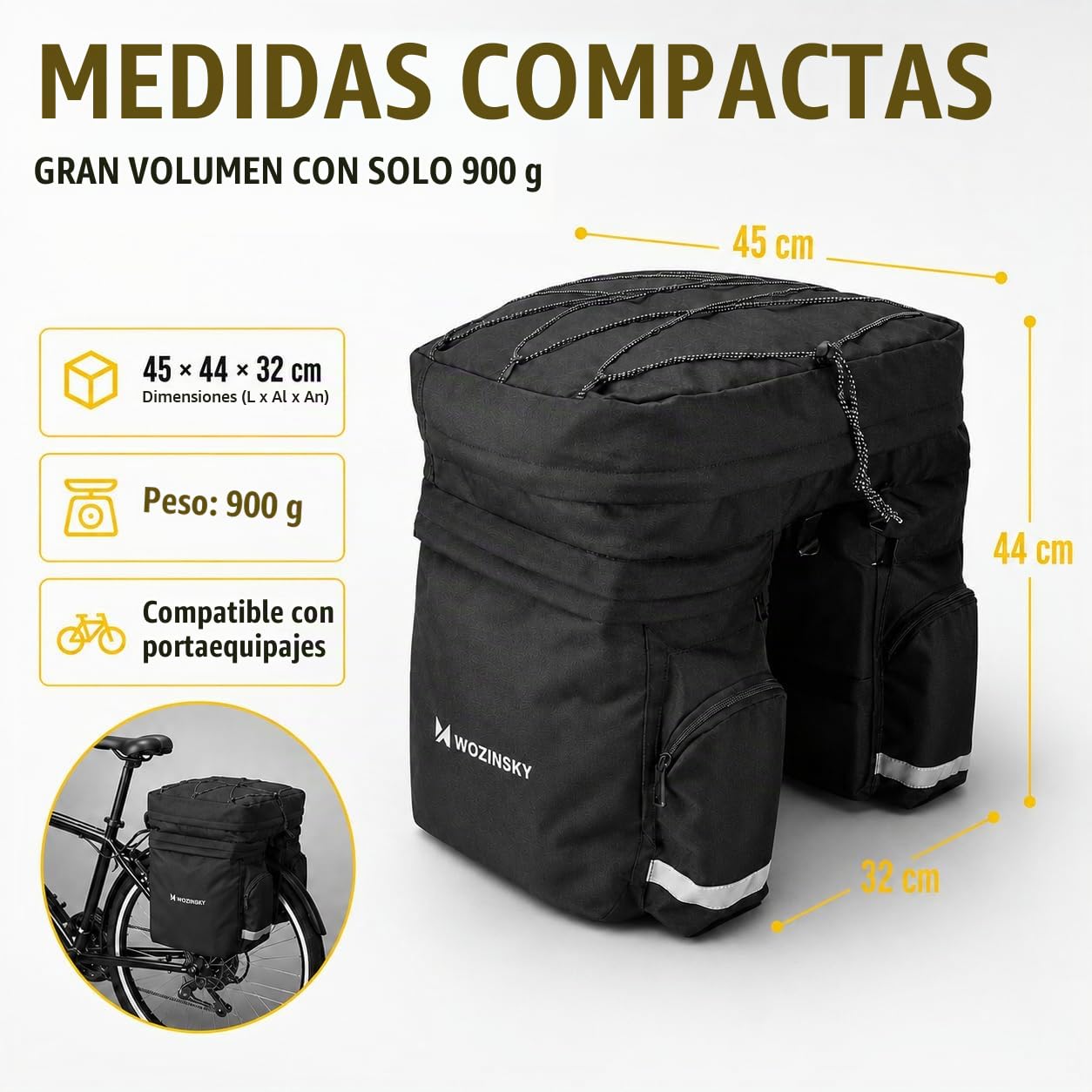 WOZINSKY Bolsa de Bicicleta, 60L con Cubierta de Lluvia, Impermeable, para Bicicleta de Carreras, 2 Compartimentos, Negro, Impresión de Letras, Montaje en Portaequipajes, Cordón