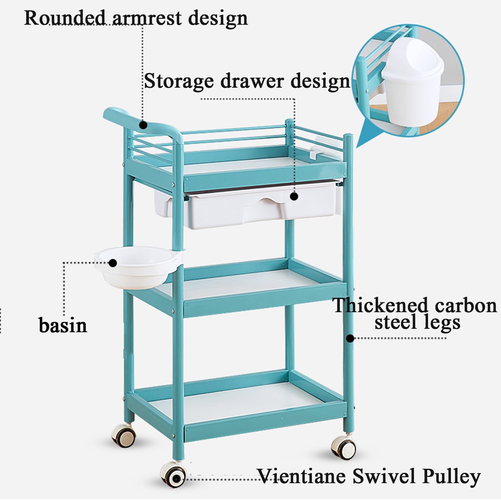Carrello Estetista A 3 Livelli Carrello Rotante con Maniglia Carrello Parrucchiere con Cassetto Scorrevole E Cestino Portaoggetti Carrello Portaoggetti con Guida Superiore(Pink)