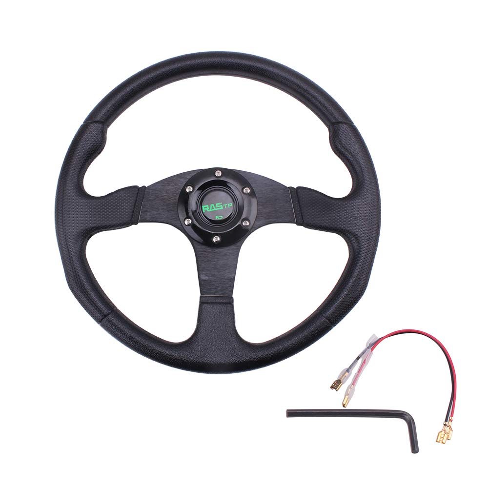 RASTPUniversal Racing Steering Wheel 13.8”/350mm 6 Bolts Grip Vinyl Leather & Aluminum with Horn Button for Car-Black
