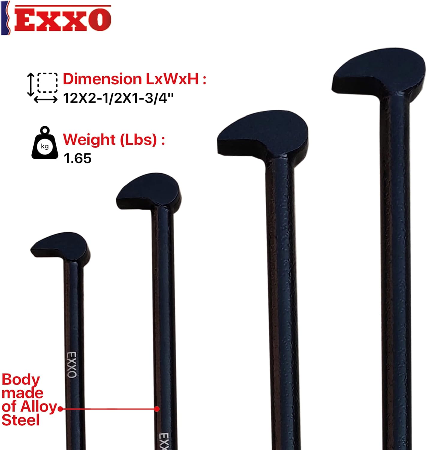 EXXO Tools - Heavy Duty 4-Piece Pry Bar Set- Durable Alloy Steel Industrial Strength for Automotive Mechanics, Craftsman, Machinery Technicians - Extra Long - Includes 6, 12, 16, 20 Inch Lady's Foot