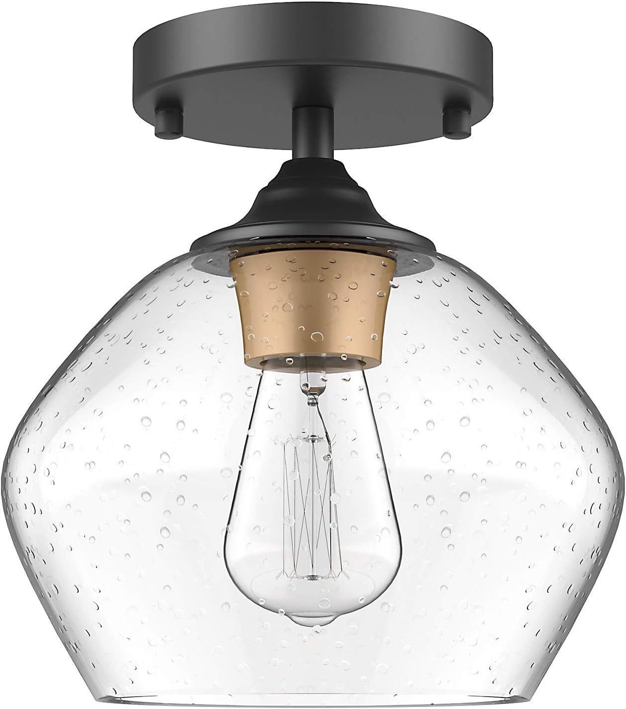 Industrial Semi-Flush Mount Ceiling Light, Seeded Glass Pendant Lamp Shade, Vintage Close to Ceiling Light, Farmhouse Hanging Ceiling Light Fixture for Hallway Entryway Porch Foyer Corridor Bedroom