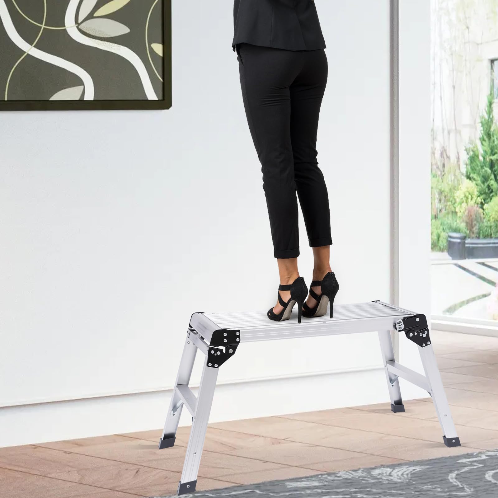 Składana drabina aluminiowa – obciążenie 150 kg, antypoślizgowa i składana, taboret roboczy do samochodu, mycia okien, gospodarstwa domowego, dekoracji i na kemping, 108 x 41 x 50 cm