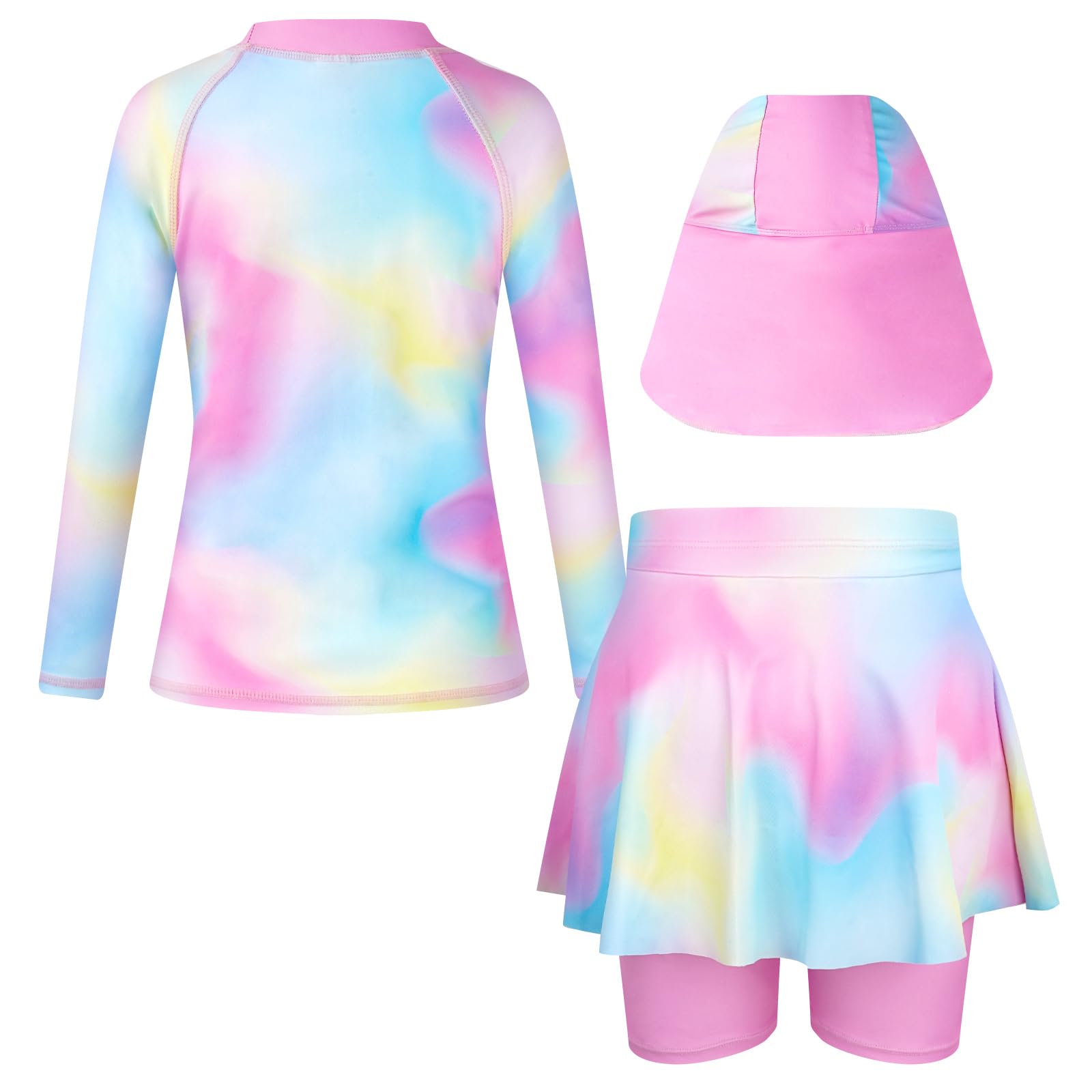 WYTbaby Kostium kąpielowy dziewczęcy, 3 sztuki, odzież ochronna przed promieniowaniem UV, długie rękawy, moda kąpielowa, zestaw Rash Guard z falbankami, kąpielówki dla dziewczynek w wieku 4-9 lat