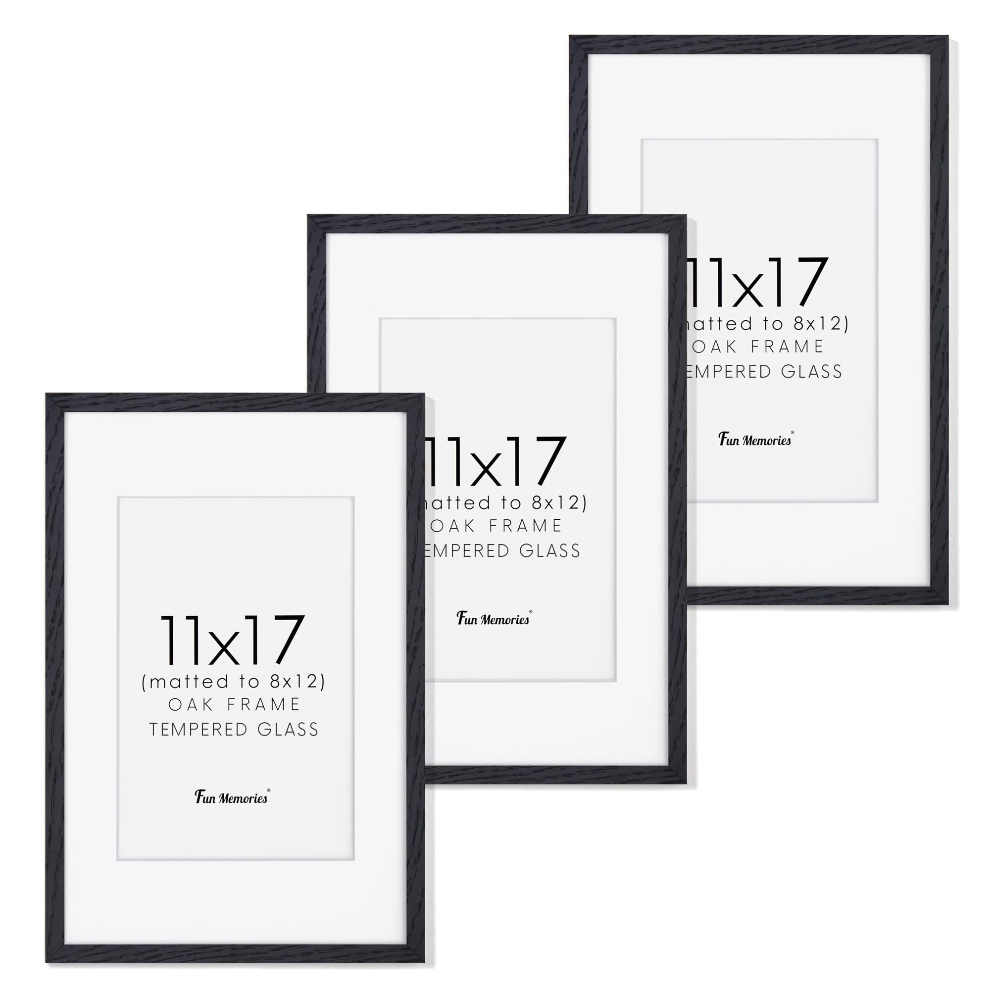 11x17 Black Picture Frames, 11 x 17 Picture Frame Set of 3, High-End Oak Wood Frame 11 by 17, 11x17 Wooden Frame with Tempered Glass, Matted to 8x12, Black Wood 11 x 17 Poster Frame for Wall โ image 1