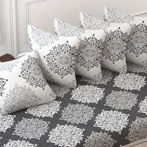 Image of FRESH FROM LOOM Cotton Reversible Diwan Set Coffee - 1 Single Bedsheet with 2 Bolster Covers and 5 Cushion Covers (8pc Set)