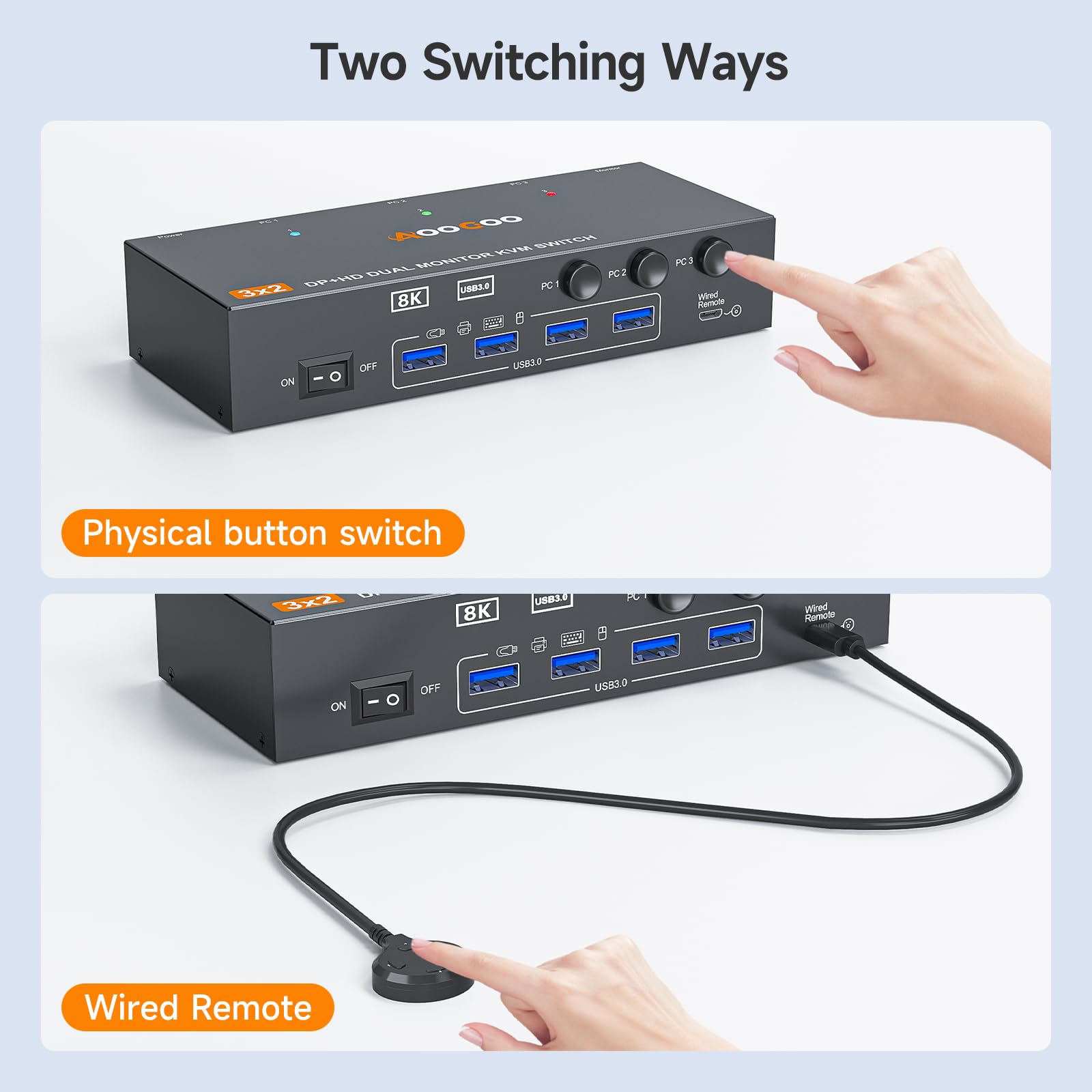 HDMI DP KVM Switch 8K@60Hz, Dual Monitore KVM Switches für 3 PC und 2 Monitor mit 4 USB 3.0 Häfen, Kabelfernbedienung, USB Kabel im Lieferumfang, Netzteil