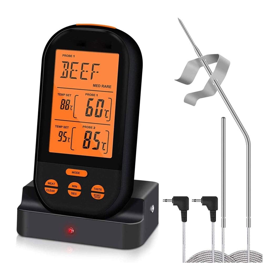 Termómetro de carne de cocción digital de doble sonda LCD grande LCD Luz de retroiluminación Termómetro de la parrilla para el fumador Horno de cocina BBQ, Termómetro de carne de cocción digital remot