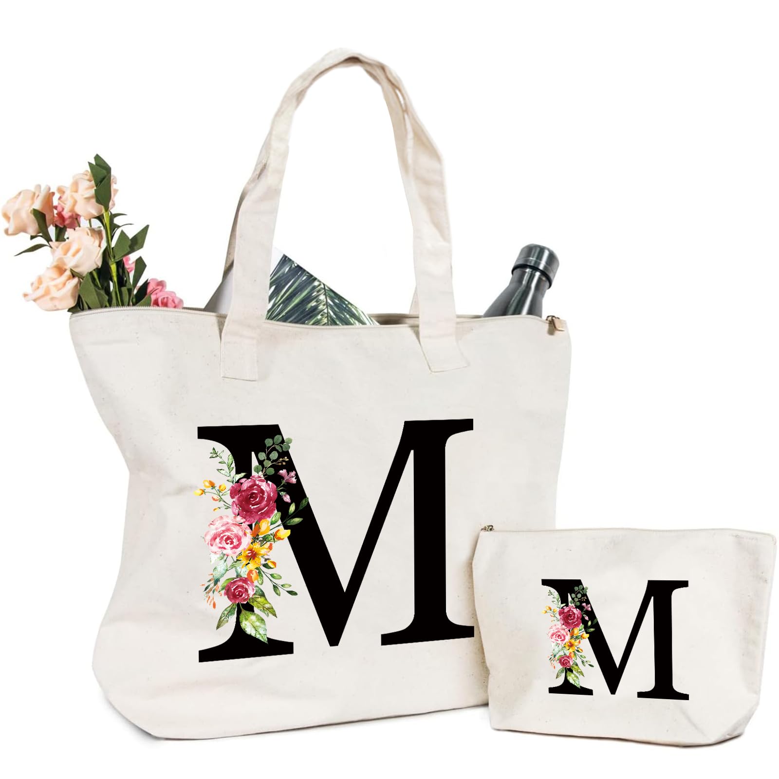 Sac Fourre-Tout en Toile Tote Bag Personnalisé avec Initiale Fleur pour Femme