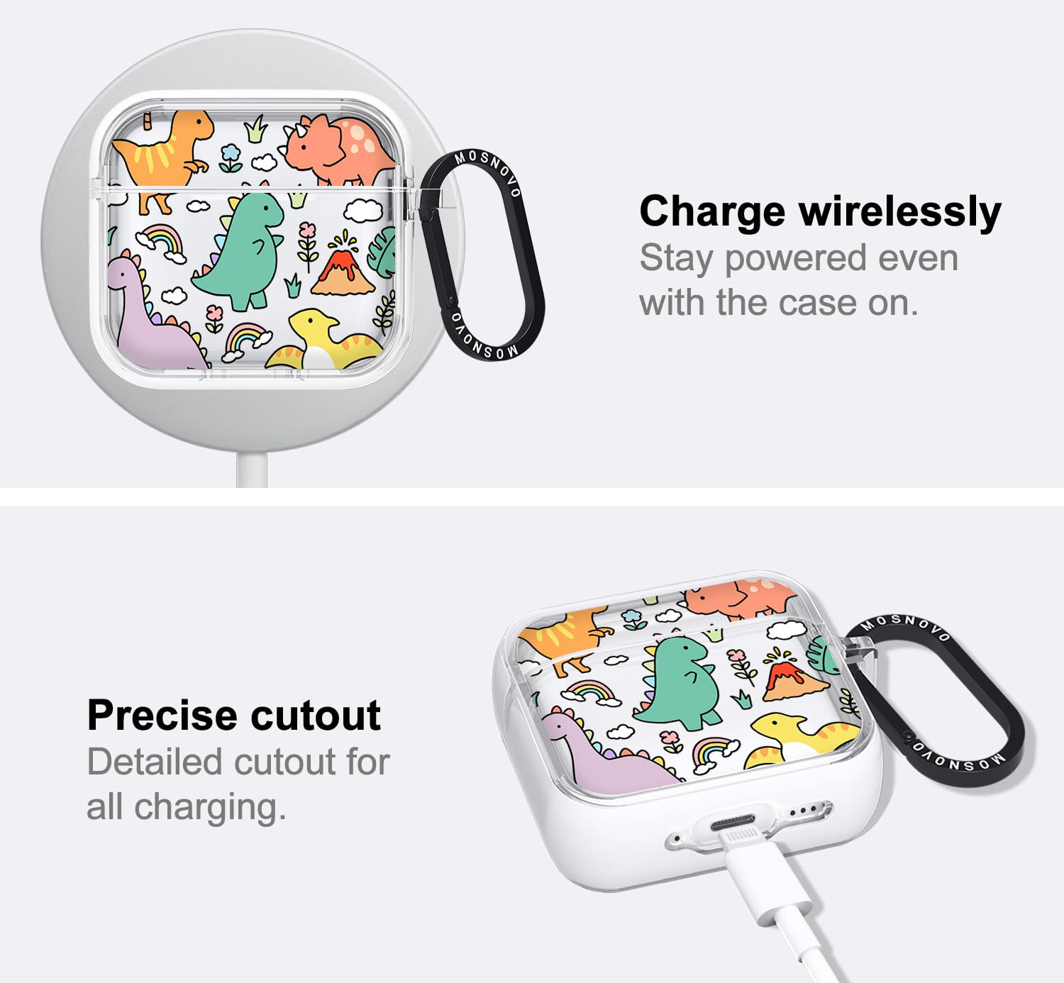 MOSNOVO Case for Airpods 4, Protective Clear Case with Shockproof Dual Layer Hard Luxe Metal Ring Designed for Airpods 4 Generation - Dinosaur Land - 5