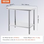 VEVOR Stainless Steel Work Table 900x600x800 mm Commercial Kitchen Prep & Work Table Heavy Duty Prep Worktable Metal Work Table with Adjustable Feet for Restaurant, Home and Hotel