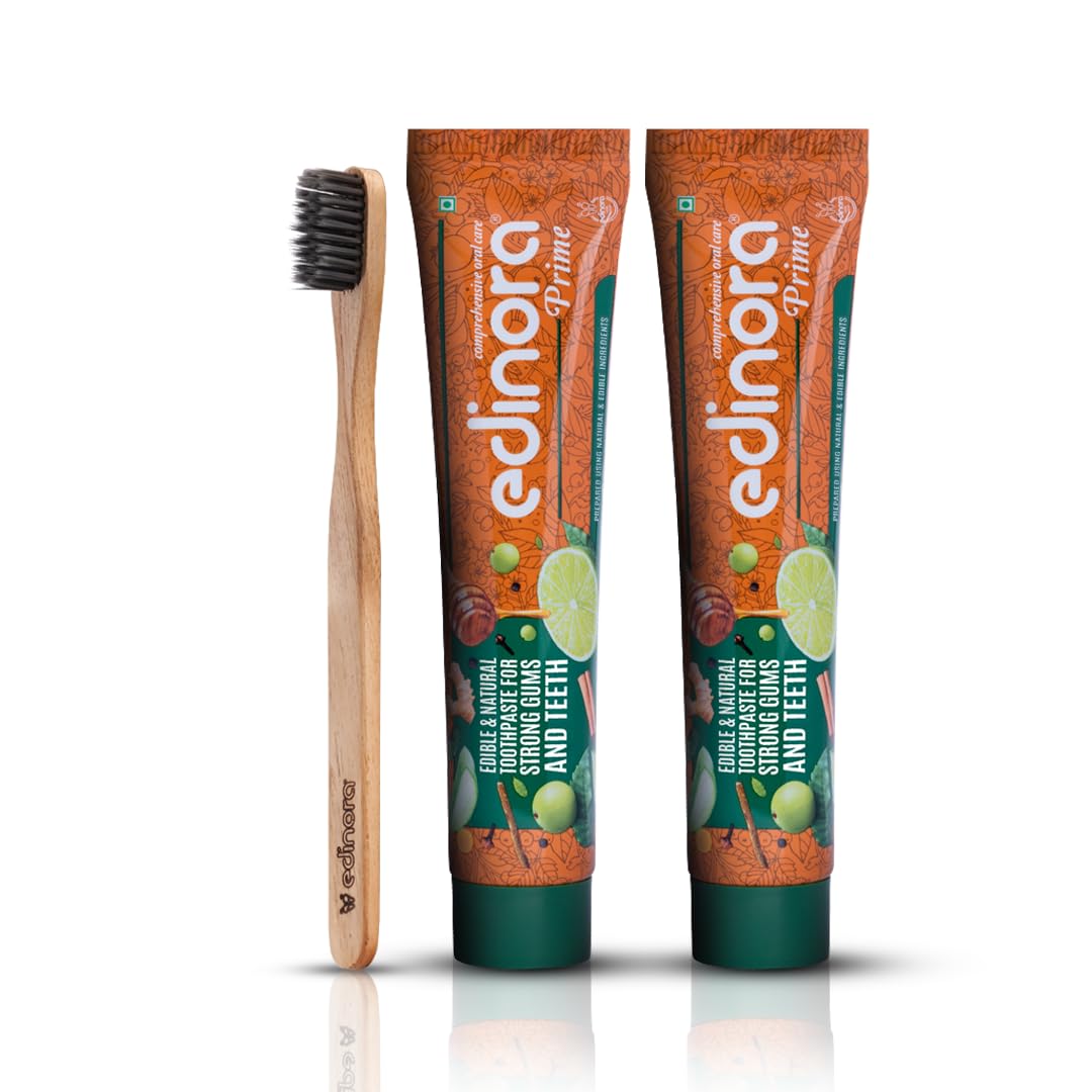 Edinora Prime Toothpaste 90g with Lime, Coconut Oil and Aloe Vera, 20+ Natural Ingredients, No SLS, Parabens, Artificial Additives | Qty 2 | Neemwood soft toothbrush | Qty 1 | Combo pack (B0CYZK83TR) Amazon Price History, Amazon Price Tracker