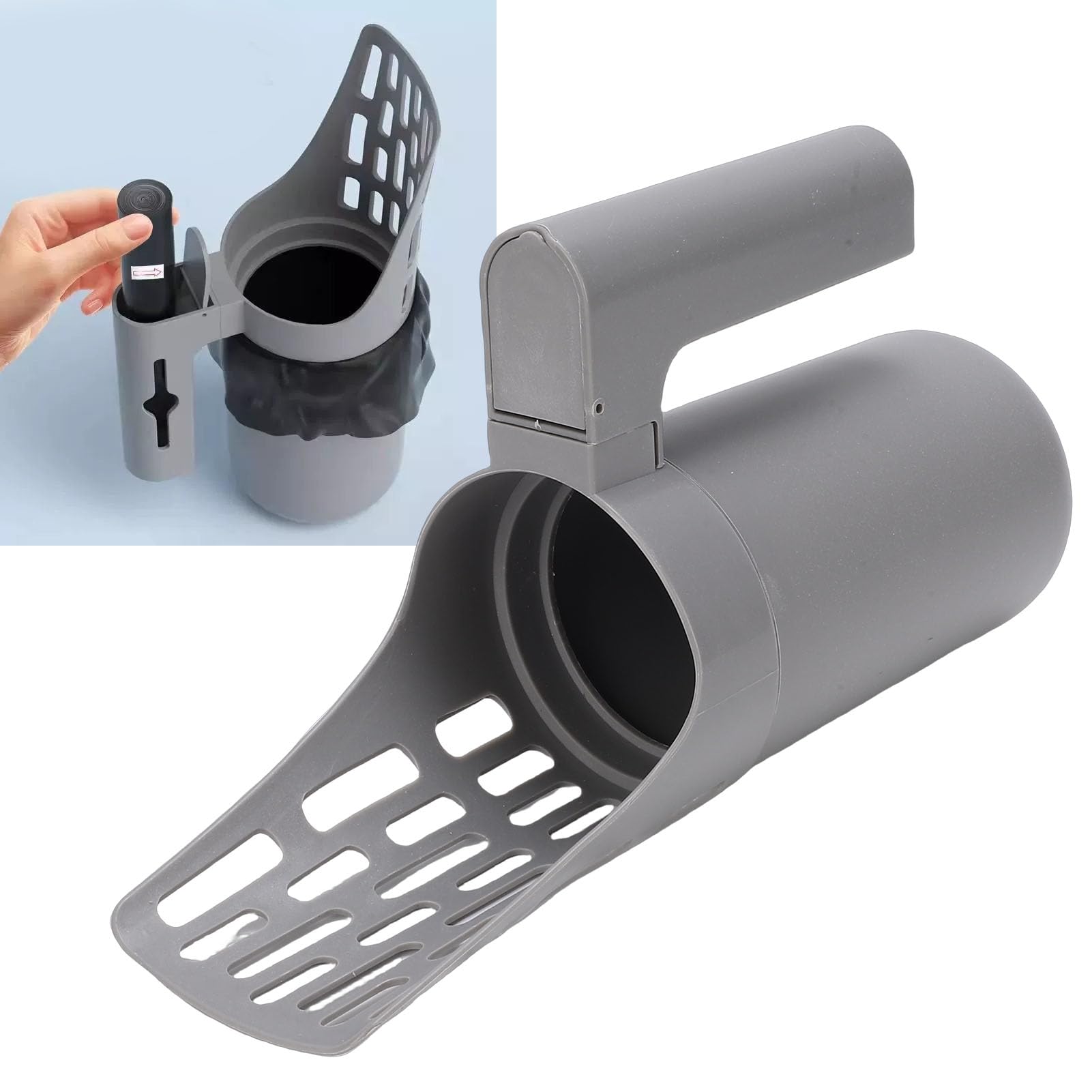 Cuchara de arena para gatos 2 en 1 con soporte para bolsas de residuos, gran capacidad de almacenamiento para 10-15 bolsas, mango ergonómico antideslizante y diseño de desmontaje rápido, pala de