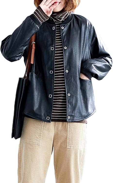 Amazon Gergeousライダースジャケット レディース ノーカラー ジャケット フェイクレザー コート ショート丈防風 ゆったり 革ジャン カジュアル 大きいサイズ レザージャケット 秋 コート ジャケット 通販