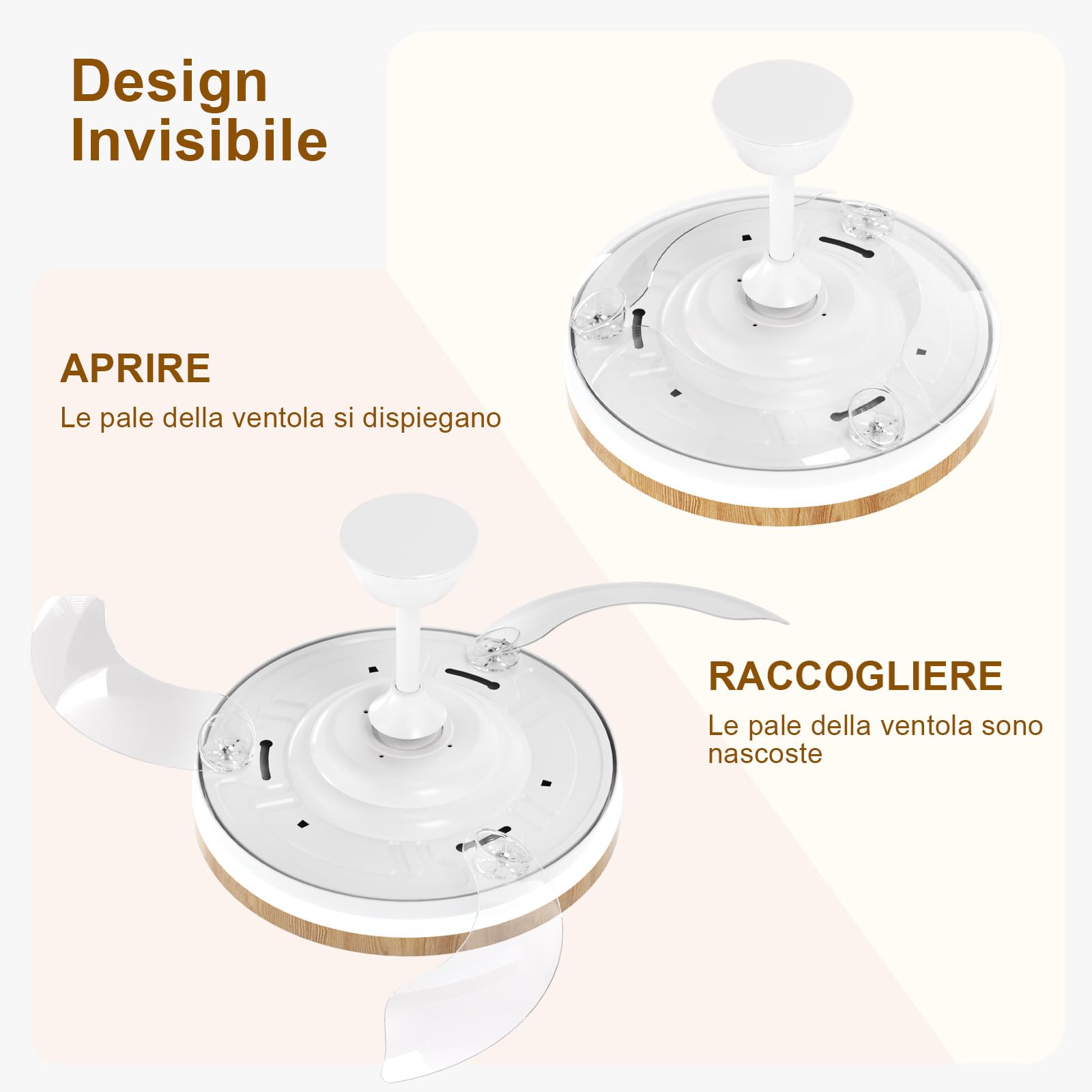 Ventilatore da Soffitto con Luce e Telecomando, 3 Pale Retrattili, Reversibile LED Lampada Ventilatore da Soffitto Dimmerabile, 6 Velocità, Silenzioso Motore DC per Camera da Letto, Soggiorno