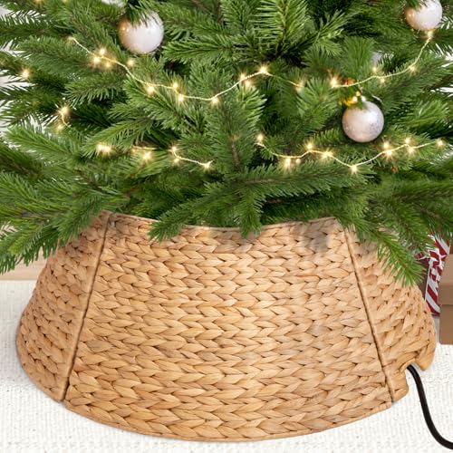 CRAFTVIE 24' Water Hyacinth Christmas Tree Collar - Smart Cord Cut-Out & Handcrafted Herringbone Woven Pattern for Both Pencil and Real Trees, Cozy Rustic Farmhouse Boho Modern Decor in Natural Color