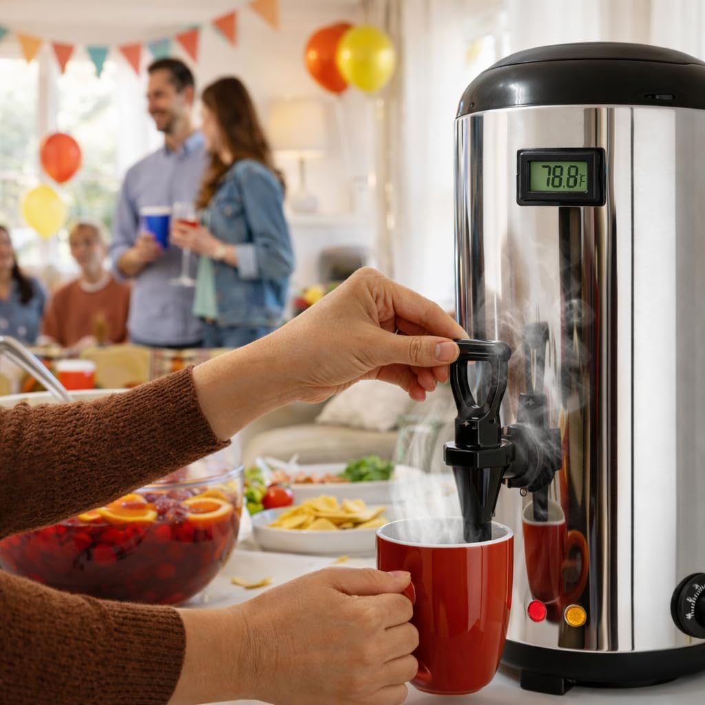 Electric Hot Drink Dispenser with Temperature Display & 304 Stainless Steel Heating Plate, 12L / 3.2 Gallon Heated Beverage Dispenser with Spigot for Milk Tea, Coffee & Water