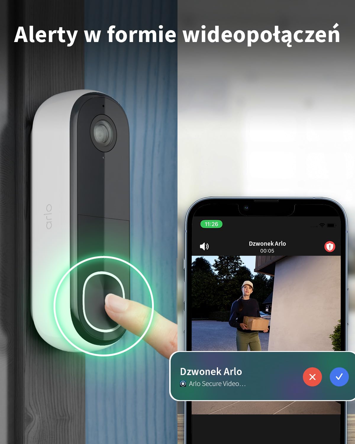 Arlo 2K HD Wideo Dzwonek do Drzwi z Gongiem, WiFi Doorbell, Czujnik Ruchu, Dwukierunkowy Dźwięk, Syrena, Pole widzenia 180, Obraz w nocy, Kompatybilny z Alexa, Testowy Plan Arlo Secure