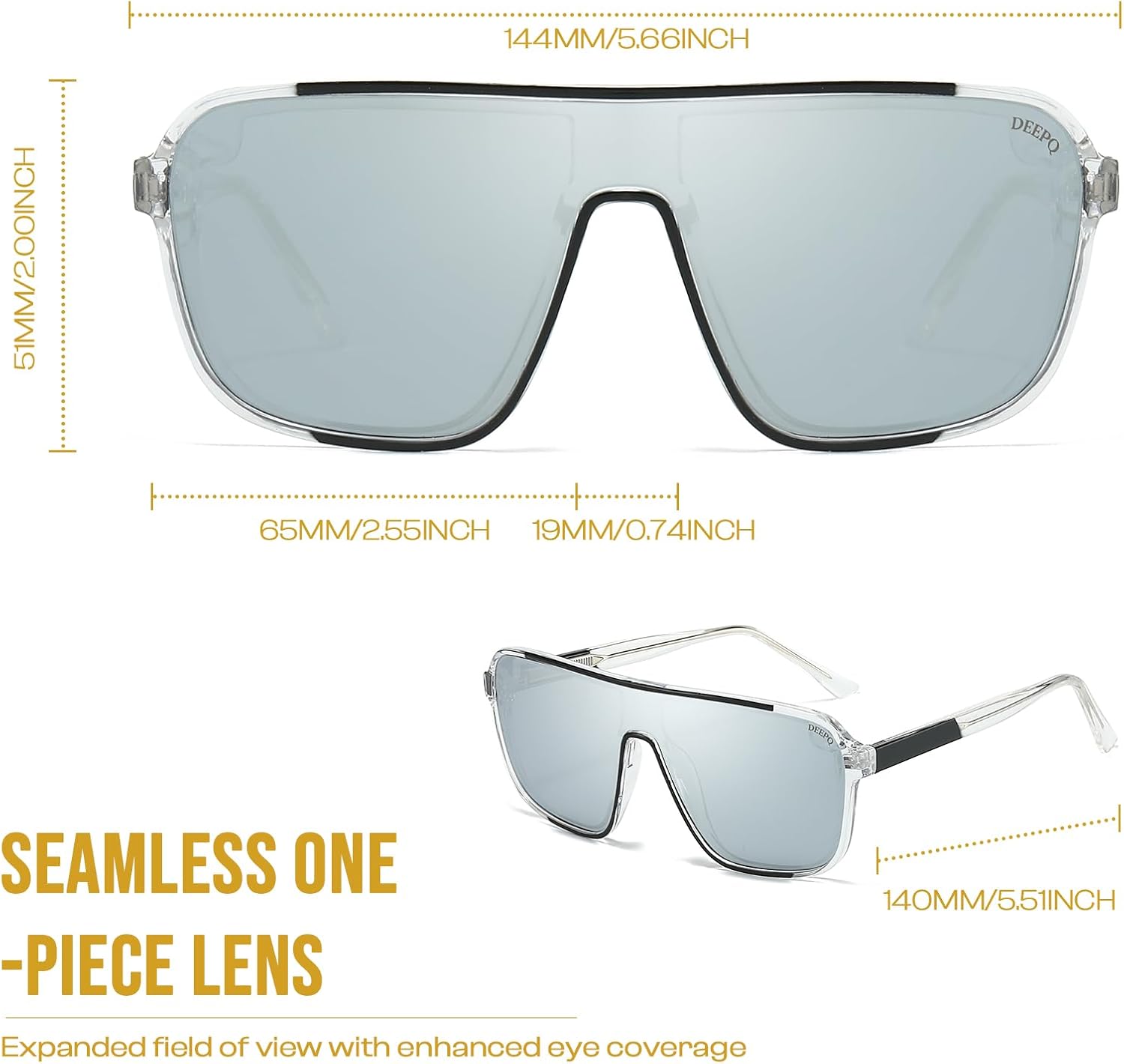 DeepQ Polarized Sunglasses for Men Women, Oversized Square Flat Mirrored Lens, For Sport,Driving,Outdoors