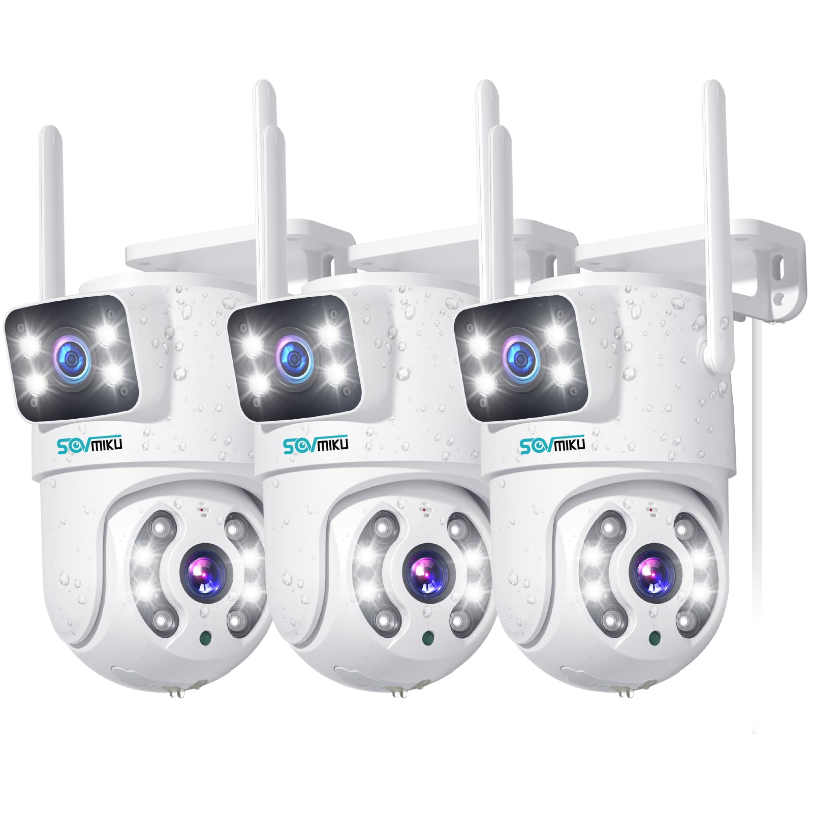 SOVMIKU【Dual Lens 6MP PTZ WiFi Security Camera, 3PCS Outdoor Security Camera, Plug-in Cable, Auto Tracking, Human Detection, Light Alarm, Color Night Vision, 2.4G WiFi, 24/7 Record, No-Monthly Fees