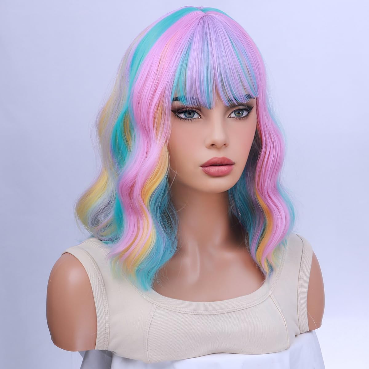 Amazon.com : WTHCOS Rainbow Wigs for Women Short Curly Wavy  display picture 2