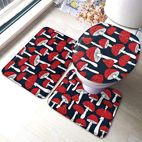 BLSYP Red Mushrooms Soft Flannel Bathroom Rug Mats 3 Piece Set Bath Mat + Contour Rug + Toilet Lid Cover with Non-Slip Backing Pad