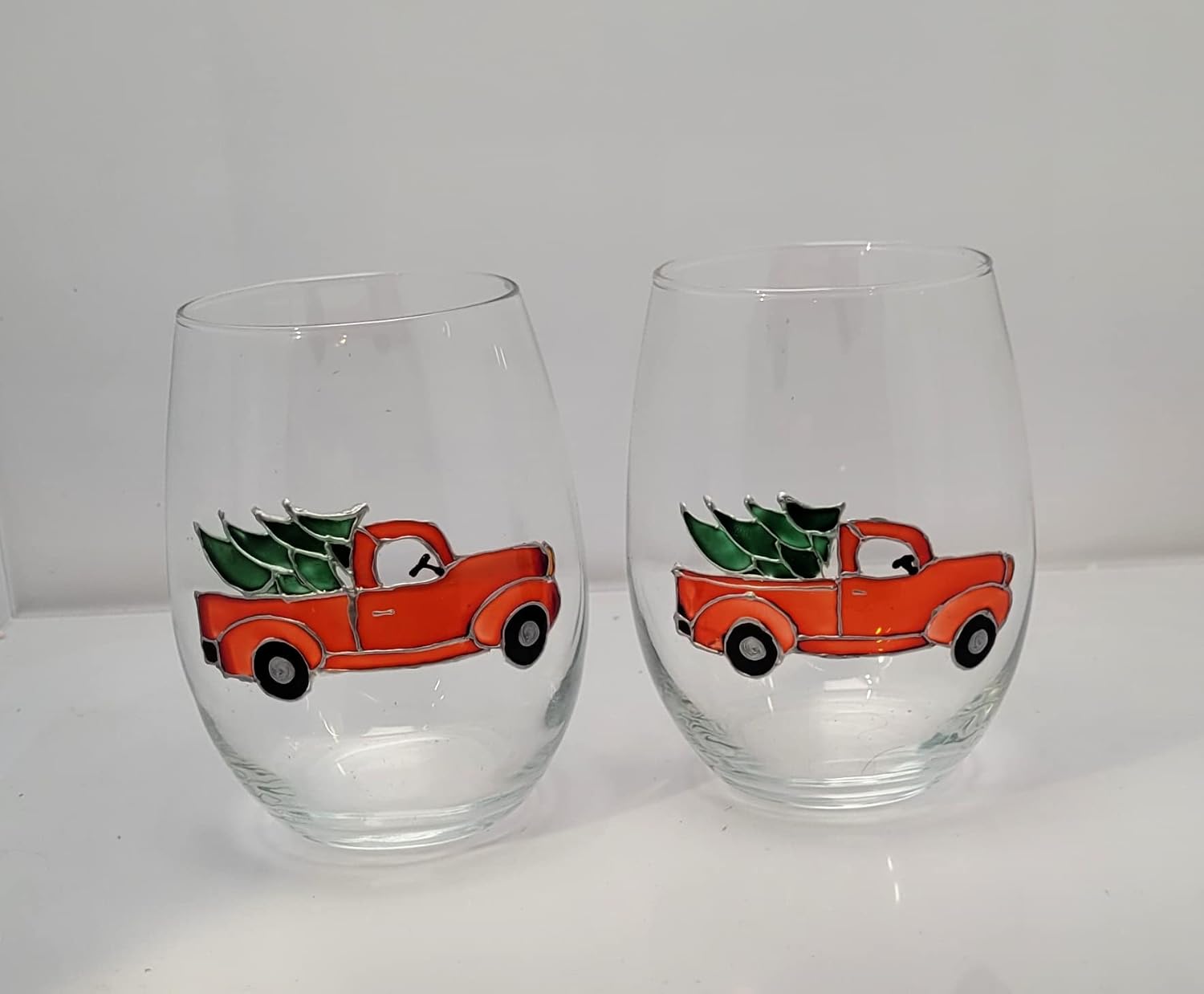 Red Vintage Pickup Truck and Christmas Tree Stemless Wine Glasses Set of 2