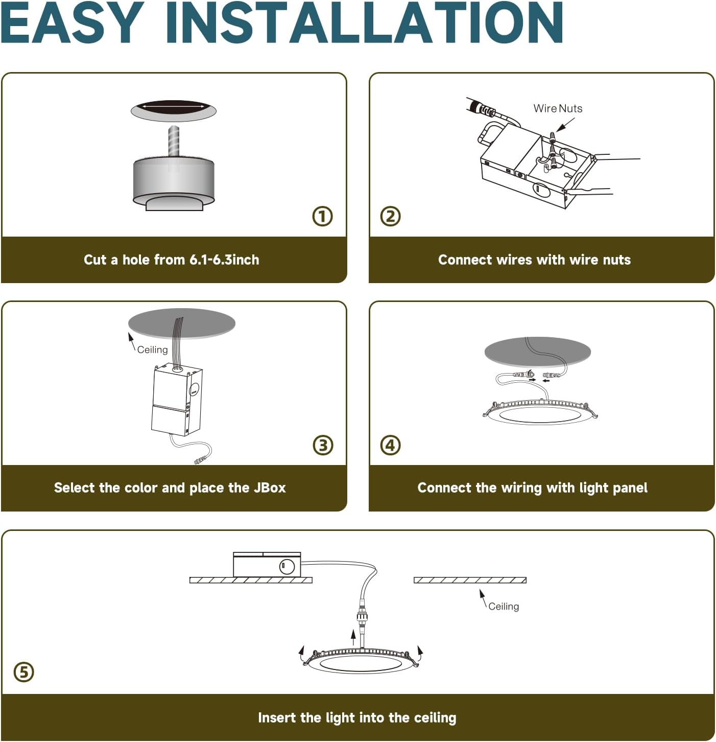 ECOELER 6 Inch 5CCT LED Recessed Ceiling Light with Junction Box, 2700K/3000K/4000K/5000K/6000K Selectable, 12W 1100Lm, Dimmable Dimmable Can-Killer Downlight, ETL& FCC, 12 Pack