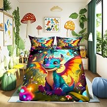 Cartoon Dragon Kids Fitted Sheet Twin Size Polka Dot Mushroom Bedding Set Girls Boys Adults Room Decor Cute Western Dragon Bed Cover Fantasy Jungle Butterfly Bed Sheet,1 Pillowcase