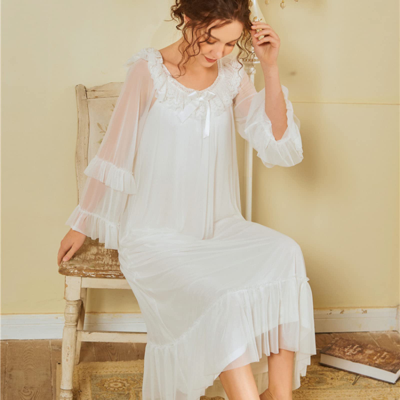 OFFSUM Camisón De Pijama De Mujer - Cuello Redondo Bowknot Vestido Primavera Verano Malla Algodón Ropa De Dormir Elegante Encaje Vintage Camisón Novia Loungewear Lencería