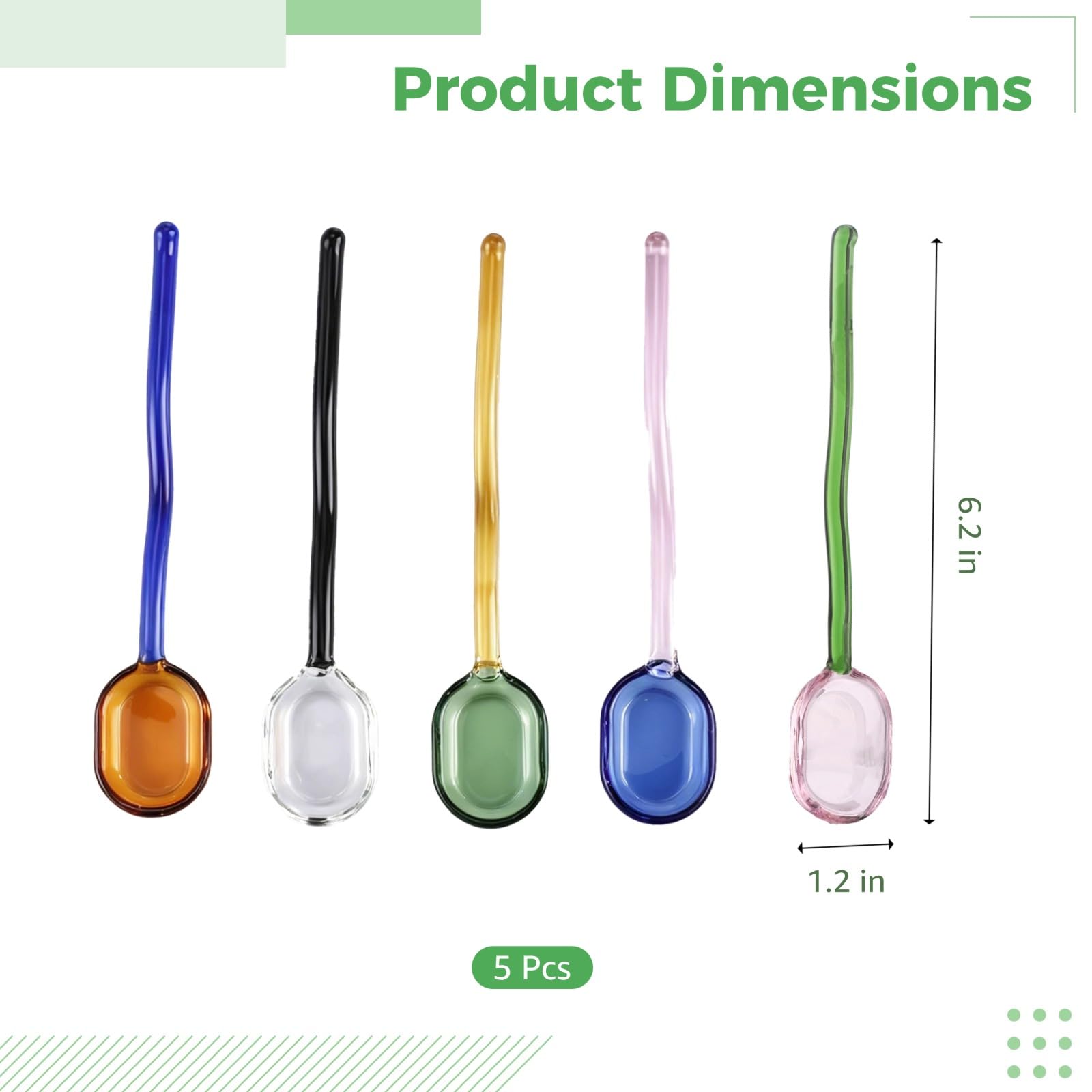 Lot de 5 cuillères en verre, 6,2 pouces pour café et thé, cuillère à mélanger, cuillères à dessert en verre coloré avec manche ondulé pour thé, café, sucre, lait, yaourt, cuisine, bar