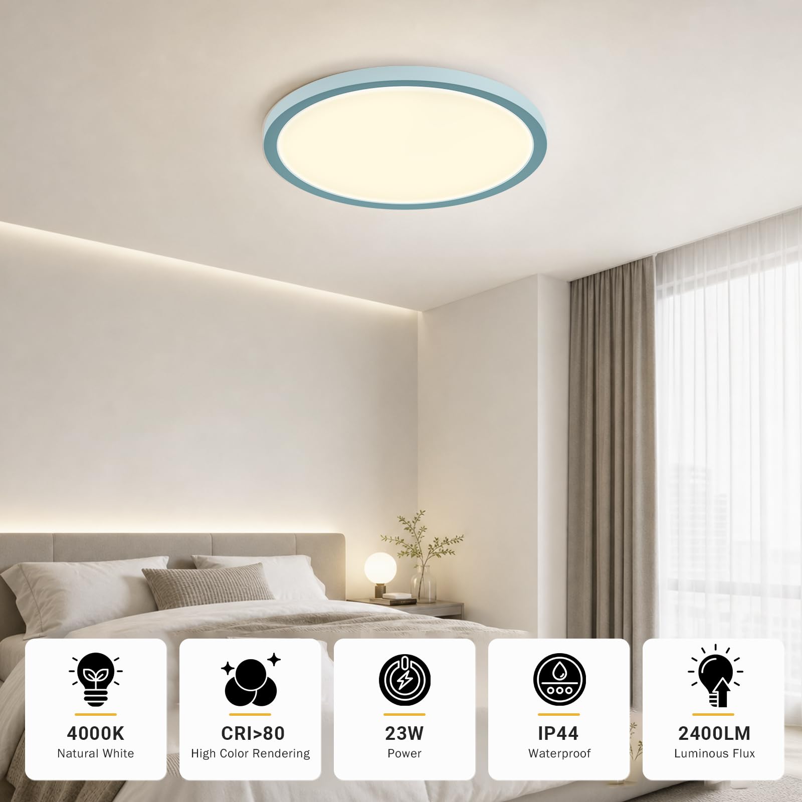 LQWELL® Lampa Sufitowa LED, Wodoodporna Lampa Łazienkowa IP44 Okrągła Płaska 23W 4000K 2600lm Cienka Do Salonu Łazienka Sypialnia Kuchnia Piwnica Biuro, 300 * 25mm
