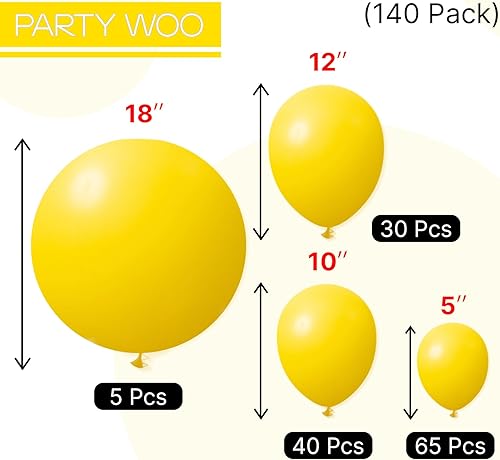 Miniatura 6 de PartyWoo Globos amarillos de 140 piezas de diferentes tamaños de 18, 12, 10, 5 pulgadas, kit de arco de globos de látex amarillo mate, guirnalda