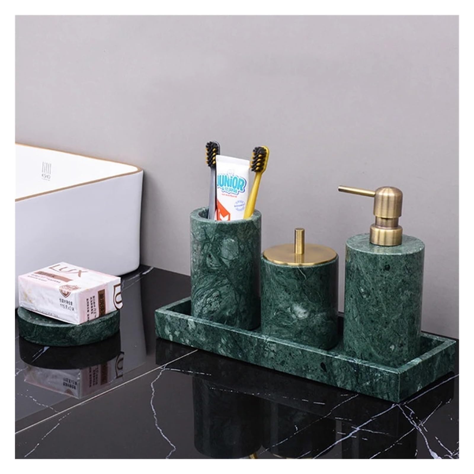 Set baño Juego de baño mármol Natural Verde Oscuro con Bandeja Lujo Clara, Soporte for Cepillo Dientes, Kit dispensador jabón(Soap Dish B)