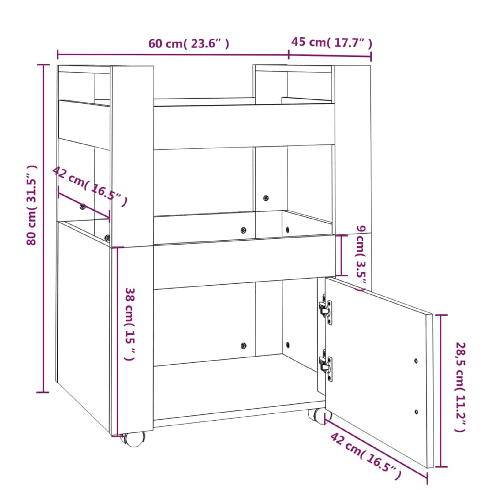 Homgoday Carrito Cocina,Carro asistido con Ruedas Carro de Cocina con Mueble Carro de Almacenamiento de Madera contrachapada para baño Cocina lavandería Negro 60x45x80 cm