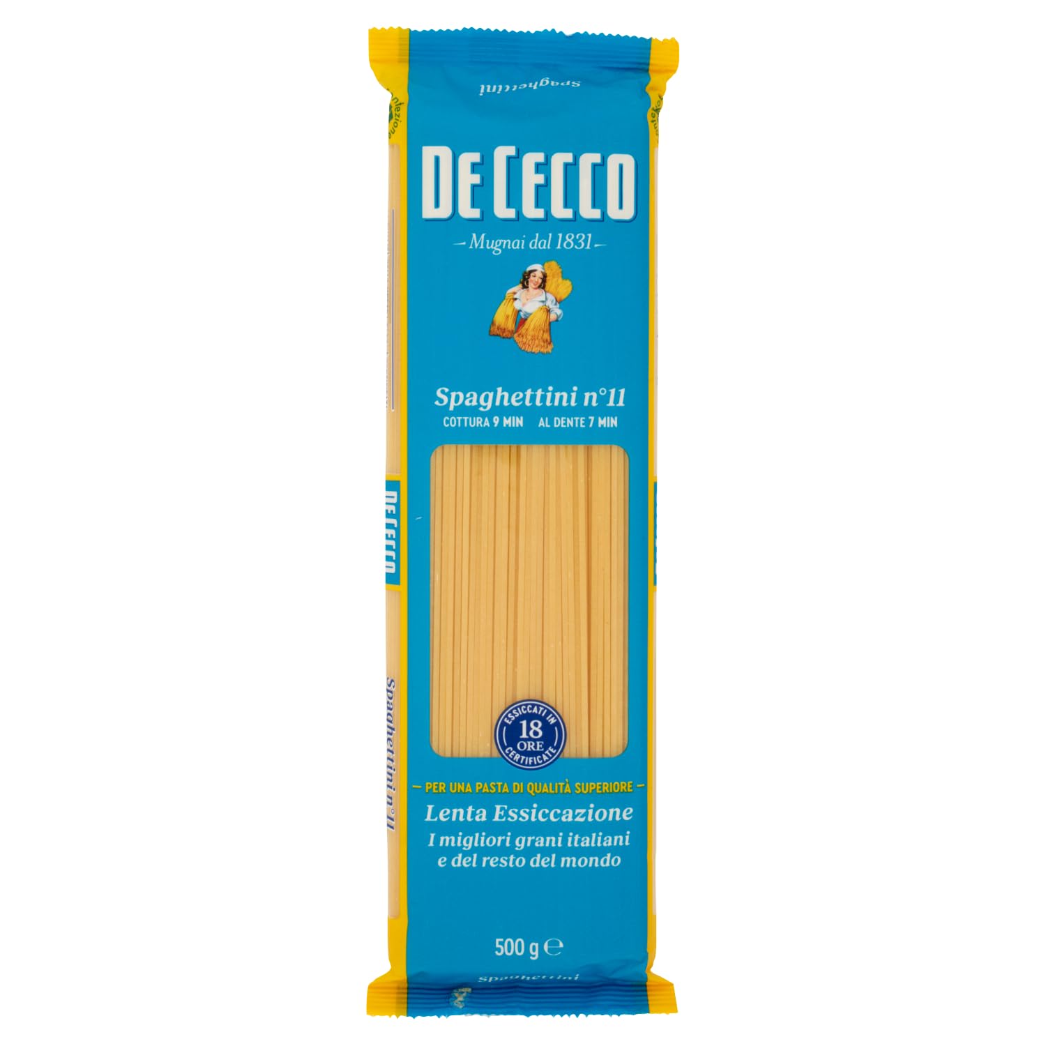 De Cecco Spaghettini n°11, pasta de trigo duro 24 x 500 g - secado lento ~18 h, textura firme - cocción 9 min (al dente 7 min) - Fabricado en Italia + Italian Gourmet Polpa 400 g