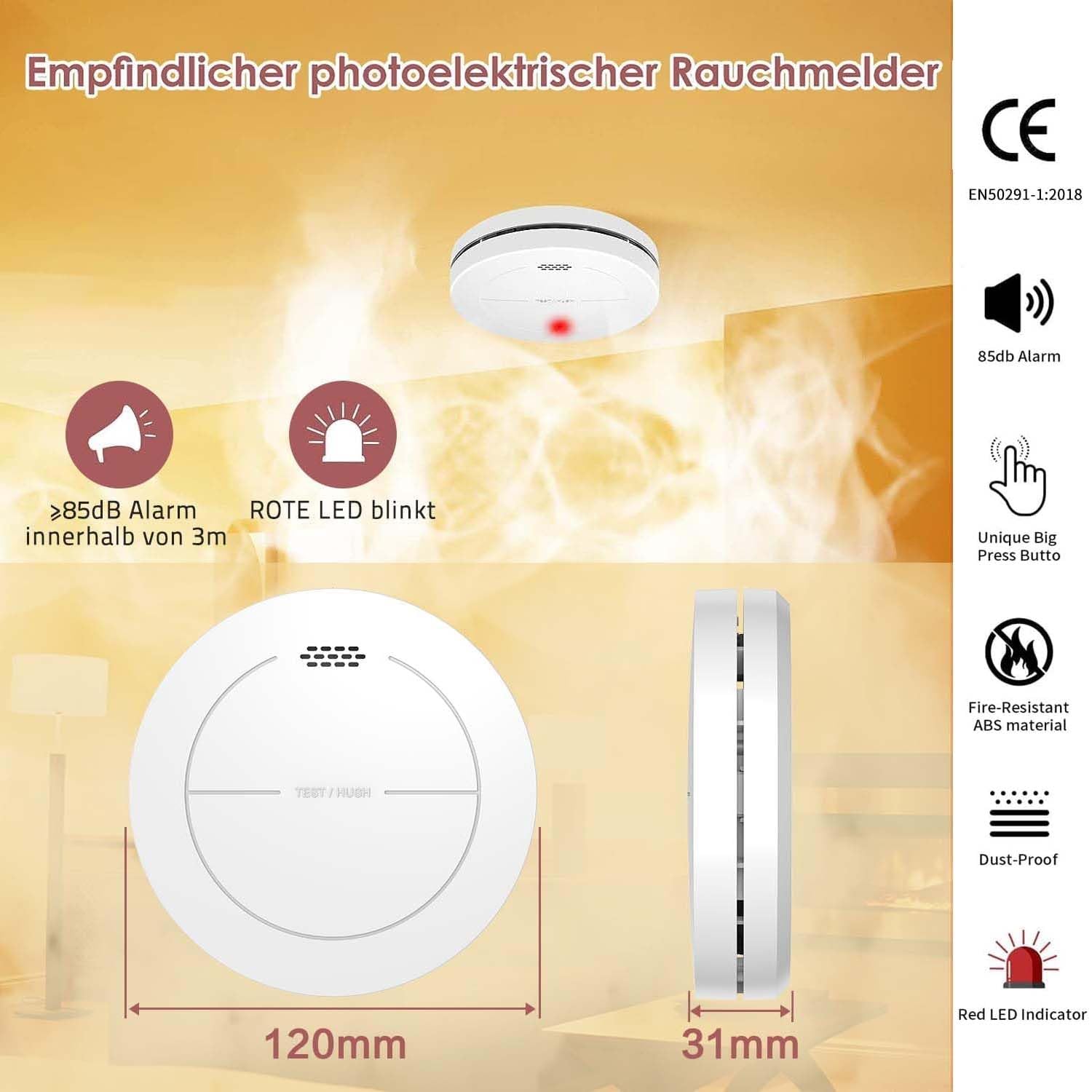 Detector de Humo, batería de 10 años, sin LED Intermitente, función de Silencio, con Almohadillas Adhesivas, Sonido de Alarma de 85dB, Alarma de Incendio Plana, 1 Piezas（Autónomo）