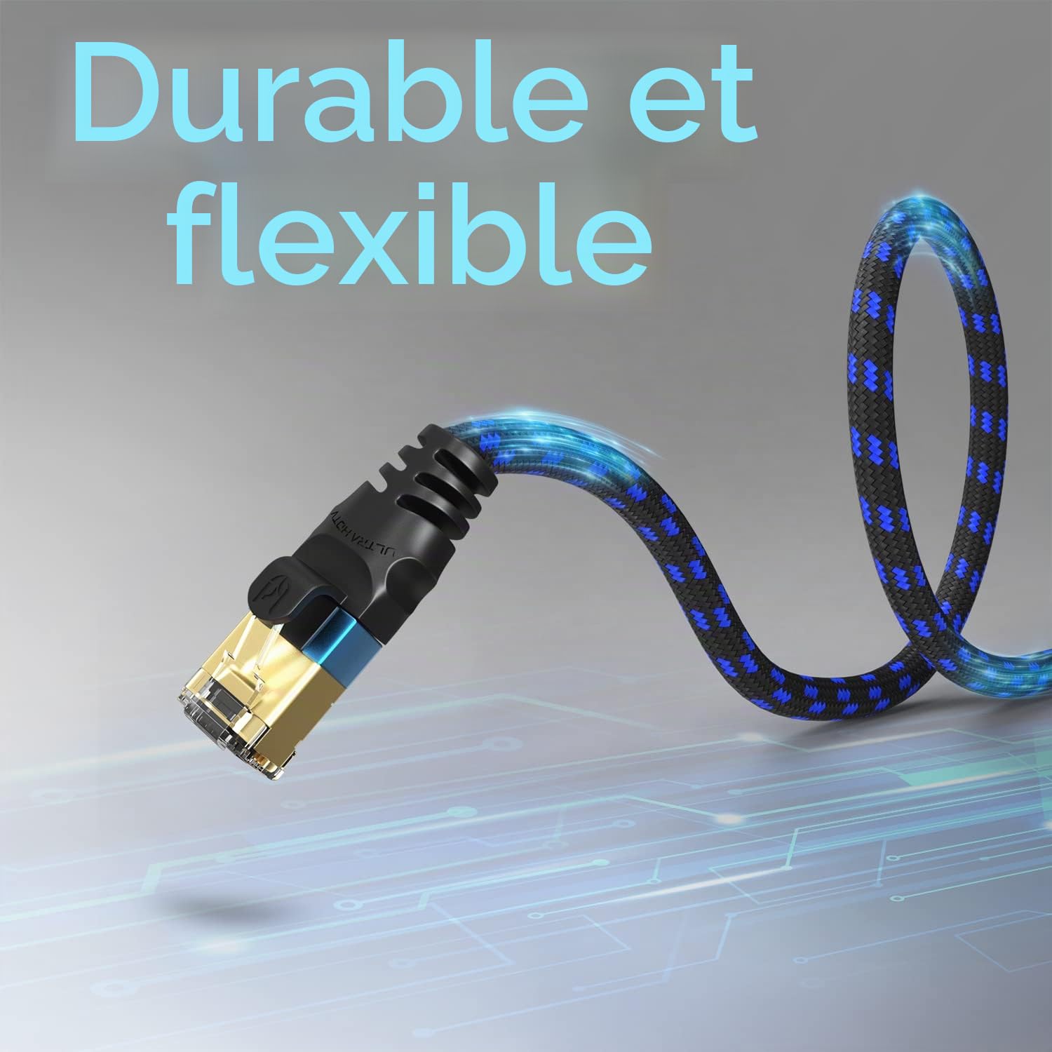Ultra HDTV Câble réseau CAT 8.1-20 mètres, câble LAN 40 Gbps, câble patch Ethernet Gigabit RJ45, gaine nylon avec fibre optique 40.000 Mbit