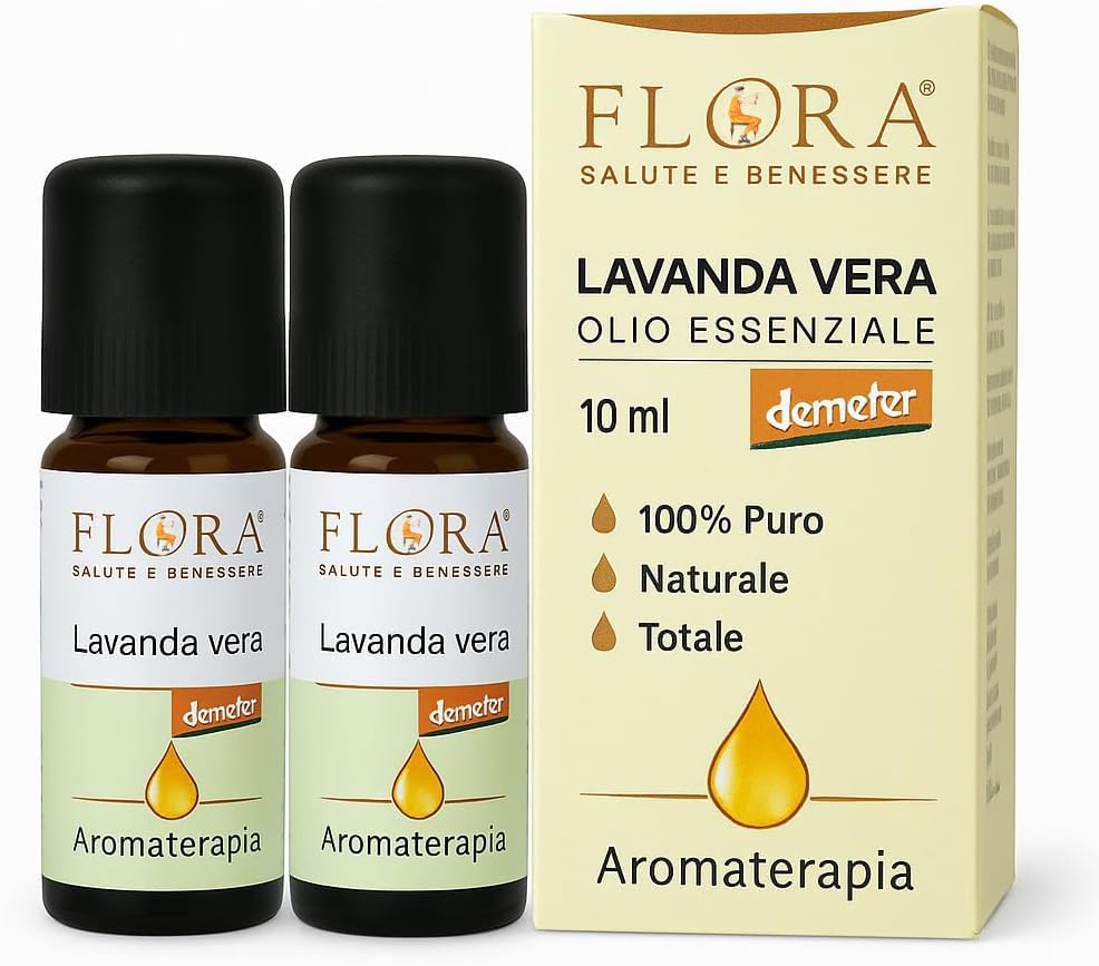 flora olio essenziale lavanda vera bio‑demeter pack da 2 pz da 10 ml – 100 % puro e naturale, lavandula officinalis, calmante & rilassante, uso alimentare, aromaterapia, diffusore, massaggi