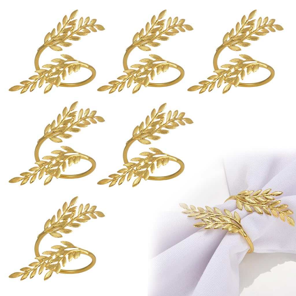 HASTHIP® Golden Wheat Leaf Napkin Rings, Elegant Metal Napkin Holders for Table Settings, Decorative Dining Accessories for Weddings, Parties, Holiday Dinners, Pack of 6-image-27